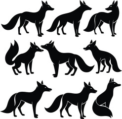 Collection of black fox silhouettes depicting various actions and poses