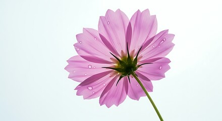 Fototapeta premium A Backlit Pink Cosmos Flower Displays Delicate Petals And Water Droplets From Below, Creating A Serene Botanical View.