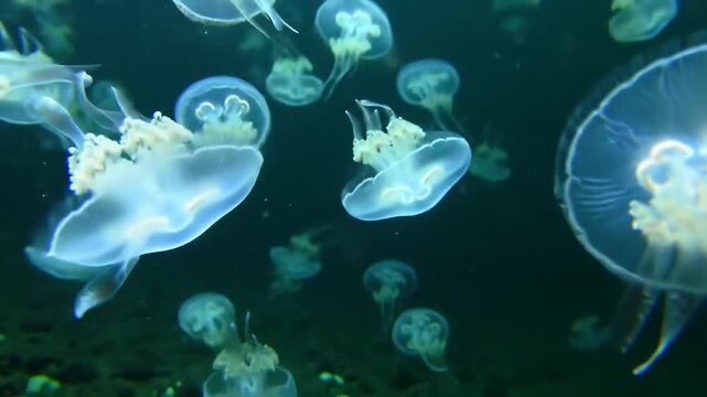 Moon jellyfish swarm, aquarium tank, dark background, marine life