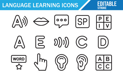 Editable set of language learning icons featuring letters, sounds, words, speech bubbles, ear, and symbols for educational purposes in language acquisition.