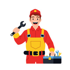Fototapeta premium A happy mechanic holds a wrench and stands next to a toolbox ready for auto repair and maintenance services