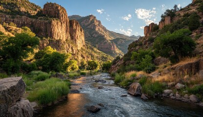 Mountain river canyon at golden hour