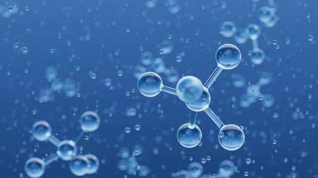 Transparent methane molecules rotating slowly, surrounded by small water particles against uniform blue background, illustrating molecular dynamics and scientific visualization