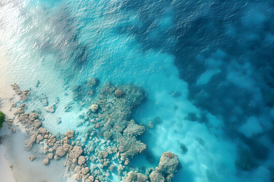 Aerial View of Turquoise Lagoon and Rocky Island Shoreline - Tropical Coastal Paradise Photography
