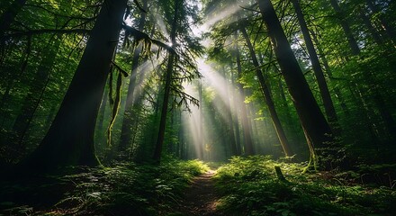 Obraz premium Sunlight Streams Through The Dense Canopy Of A Lush Green Forest, Illuminating A Winding Path On The Mossy Floor. A Peaceful Nature Scene.
