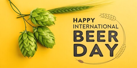 Happy international beer day with hops and wheat on yellow background