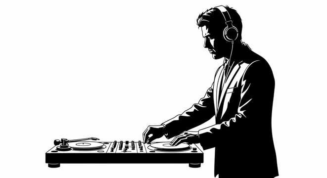 Stylish man in suit with headphones intently mixes music on a turntable