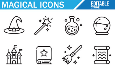Magical icons collection featuring a wizard's hat, magic wand, potion bottle, castle, spellbook, broomstick, and magical scroll with editable stroke design