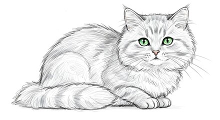 Fluffy gray cat lying down with green eyes, hand-drawn pencil style illustration. 4K image