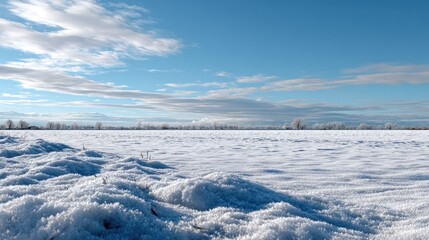 A vast, snow-covered field stretches out beneath a vibrant blue sky, dotted with fluffy clouds, creating a serene winter landscape.