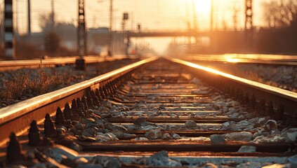 Obraz premium Golden Hour Sunset Over Empty Railway Tracks Leading Into The Distance.