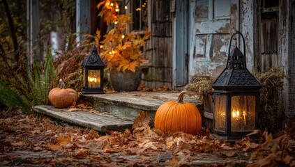 Autumn porch with pumpkins and lanterns