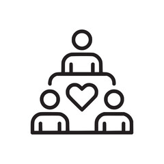 A black and white minimalist icon featuring three figures and a heart in a triangular arrangement