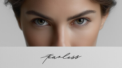 Fearless woman with intense green eyes in minimal close-up portrait, empowering beauty and confidence concept with bold eye contact, modern aesthetic, and motivational message design