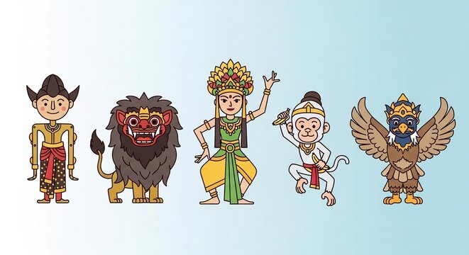 Five Balinese mythological figures in traditional costumes.