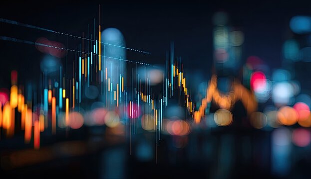Financial data overlaid on a blurred cityscape at night - Powered by Adobe