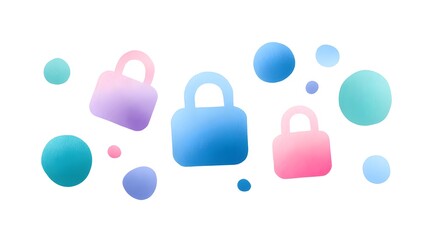 Fototapeta premium Colorful abstract shapes, including padlocks and circles, create a modern design suitable for digital or artistic themes.