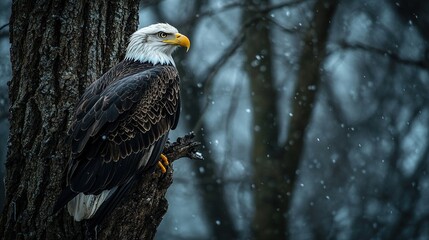 High-resolution close-up of eagle perched on tree bark