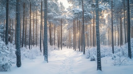 A serene winter forest with tall, snow-covered trees and a light path through the snow, illuminating the tranquil landscape.