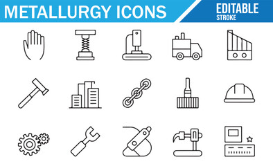 Metallurgy and manufacturing icons featuring gears, trucks, and tools for factory operations.