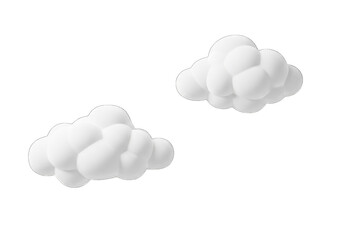 Two White Clouds Render, Fluffy Cartoon Style Isolated on Transparent Background 3D