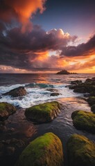 Rocky Shoreline at Sunset with Dramatic Clouds ocean