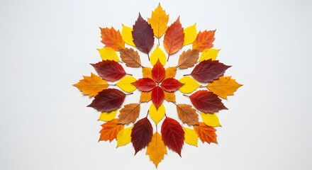 Autumn leaves arranged in colorful symmetrical pattern on white background, creative fall foliage design, seasonal nature decoration, rustic autumn composition and cozy autumn vibes