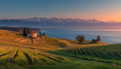 Obraz premium Panoramic vineyard landscape at sunrise