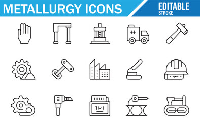 Industrial and metalworking icons featuring tools, factory equipment, and gear systems.