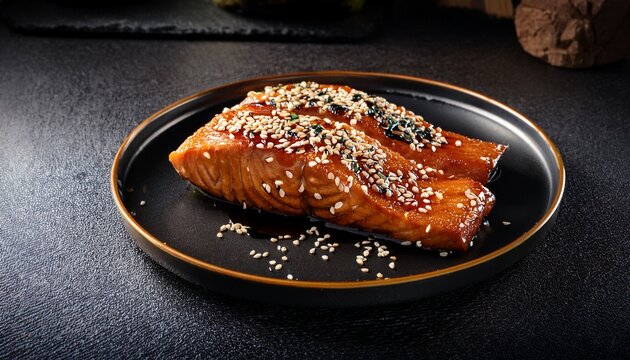 miso glazed salmon steak with sesame seeds in bright rustic lighting closeup presentation on textured black plate