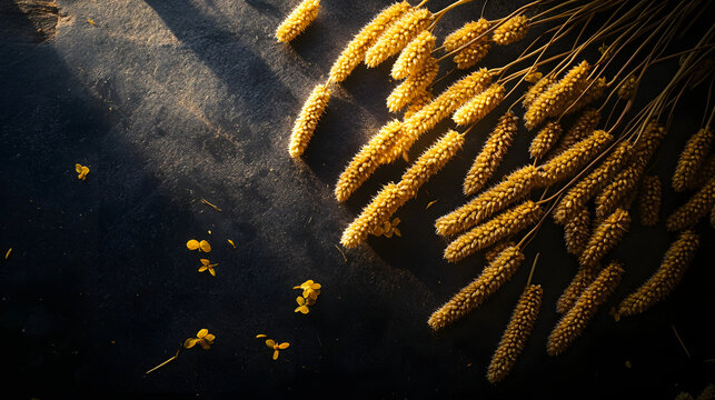 Golden millet ears glowing in the soft light, scatteed across a dark matte surace.