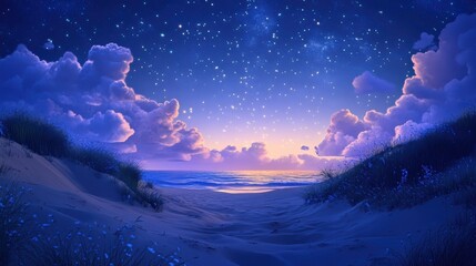 A serene beach scene at dusk, featuring vibrant clouds and a starry sky reflecting over calm ocean waters.