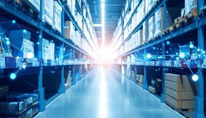 Warehouse aisle with digital network overlay