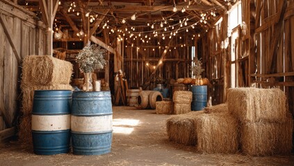 Rustic barn interior with hay bales and vintage barrels