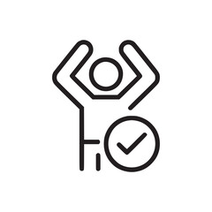 A simple line drawing of a person with arms raised next to a check mark in a circle design icon
