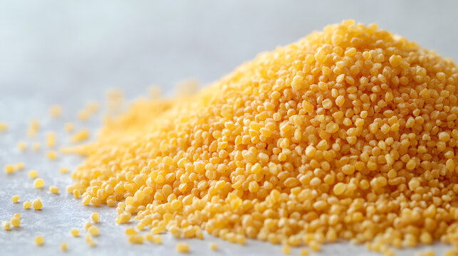 Golden millet grains arranged in a pile on a white srface, emphasizing their sall, uniform size and smooh texture.