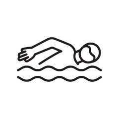 A simple line drawing of a person swimming in water with wavy lines on a white background design
