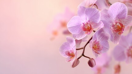 Stunning photo of delicate pink soft background featuring orchid flowers Floral greeting card spring concept with Copy space.