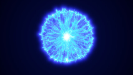 Bright electric blue sphere with fluid energy lines radiating outward on a dark background