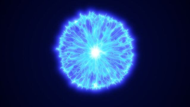 Bright electric blue sphere with fluid energy lines radiating outward on a dark background