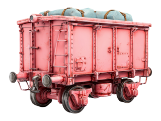 Vintage Pink Freight Car with Luggage on Transparent Background
