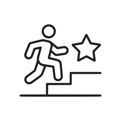 Line drawing of a person climbing stairs towards a star on a white background achievement concept