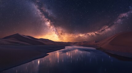 A stunning nightscape features a starry sky over a tranquil river, bordered by desert dunes and illuminated by the Milky Way.