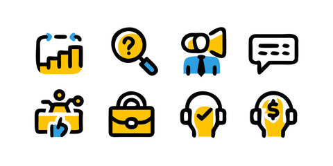 A cartoon vector illustration set of icons for web design including a bee and a robot character