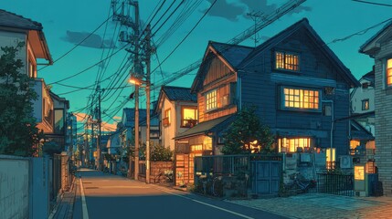 Stunning photo of japanese tokyo city town in the evening. houses at the street. anime comics artstyle. cozy lofi asian architecture. 16:9 4k resolution.