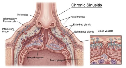 Anatomical cross-section of the human nasal cavity illustrating cellular and tissue changes from chronic inflammation and rhinosinusitis