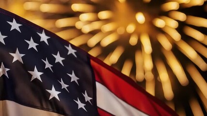 American flag waving with fireworks in the background at night -   - Powered by Adobe