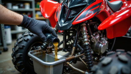 Person pouring oil into red ATV during maintenance in garage with black gloves on hand showing care and precision