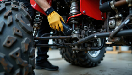 Fototapeta premium Close up of ATV suspension repair with hand wearing yellow glove holding tool, detailed view of off road vehicle maintenance and mechanical parts