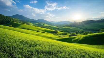 Fototapeta premium landscape with green grass and mountains
